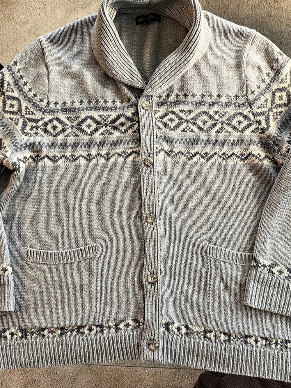 Eddie Bauer Wool Blend Cowichan Fair Isle Cardigan Sweater Mens 3XL Gray Chunky